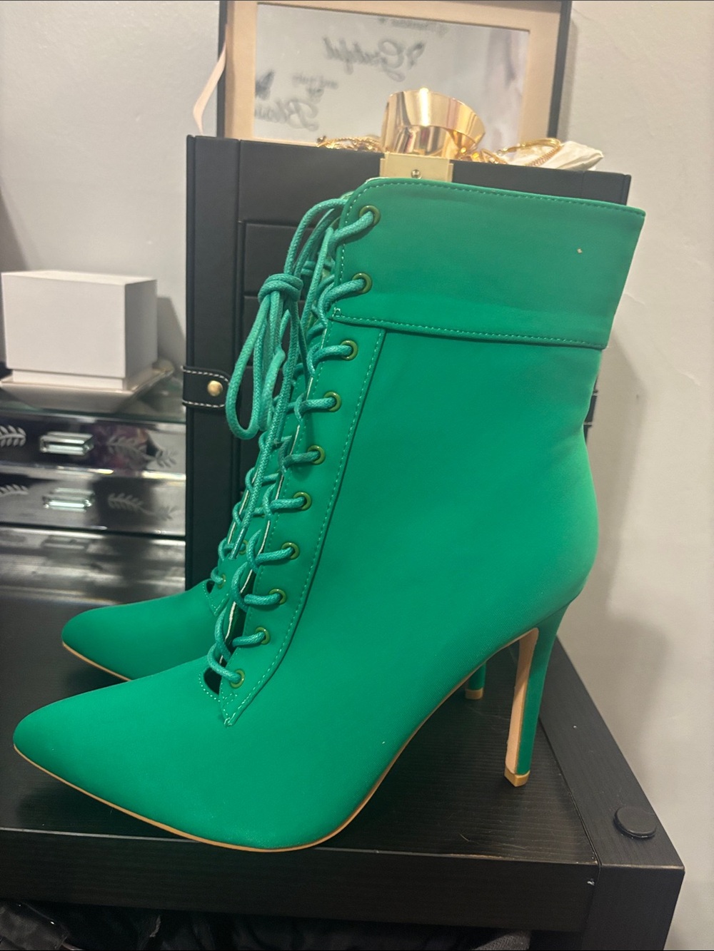 Emerald Green Lace-Up Pointed Toe Stiletto Ankle Boots